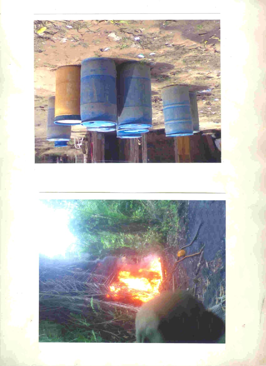 Two printed field photographs showing drums and a fire in a wooded area