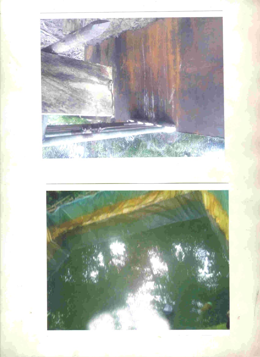 Two printed field photographs of metal containers and a liquid-filled lined pit