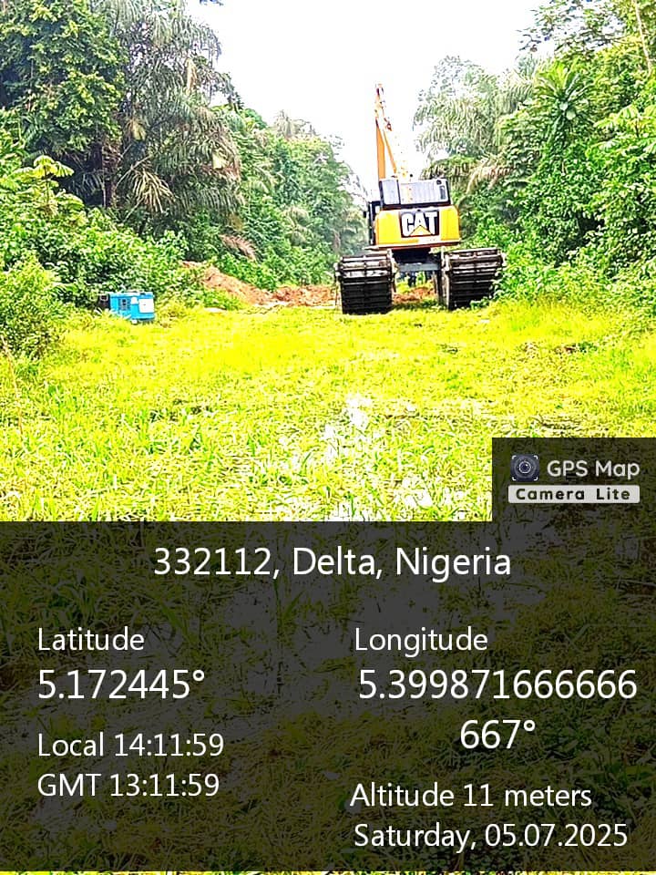 Excavator viewed across a grassy access route with the original location and time overlay