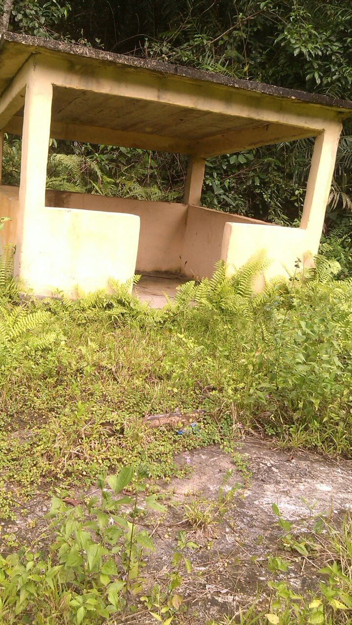 Open-sided concrete shelter beside a vegetated path
